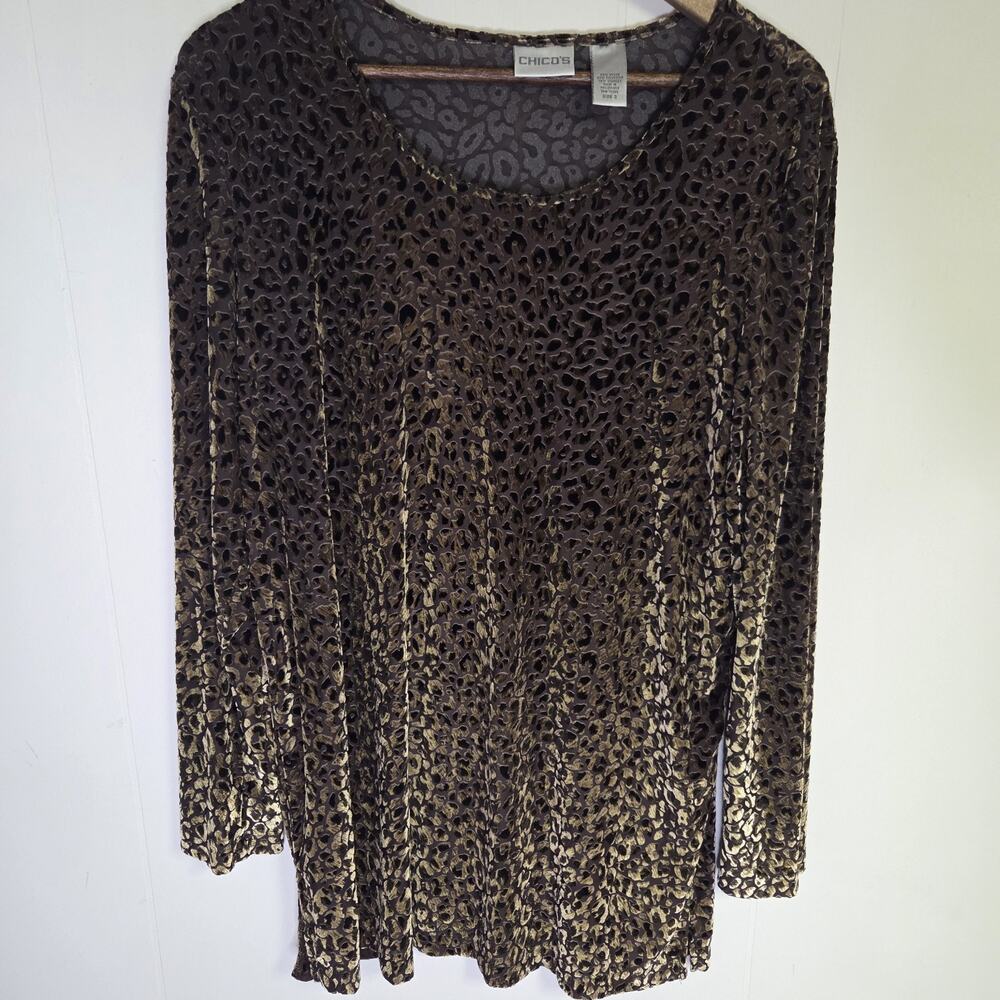 Chicos Leopard Print Burnout Velvet Long Sleeve Top Size 3
